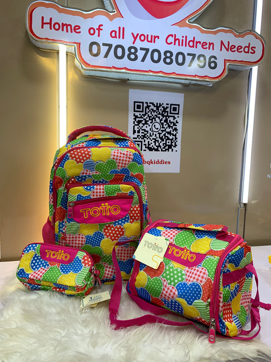 TOTTO 16 INCHES HEART DESIGN BACK BAG, LUNCH BAG AND PENCIL CASE 3-8YRS
