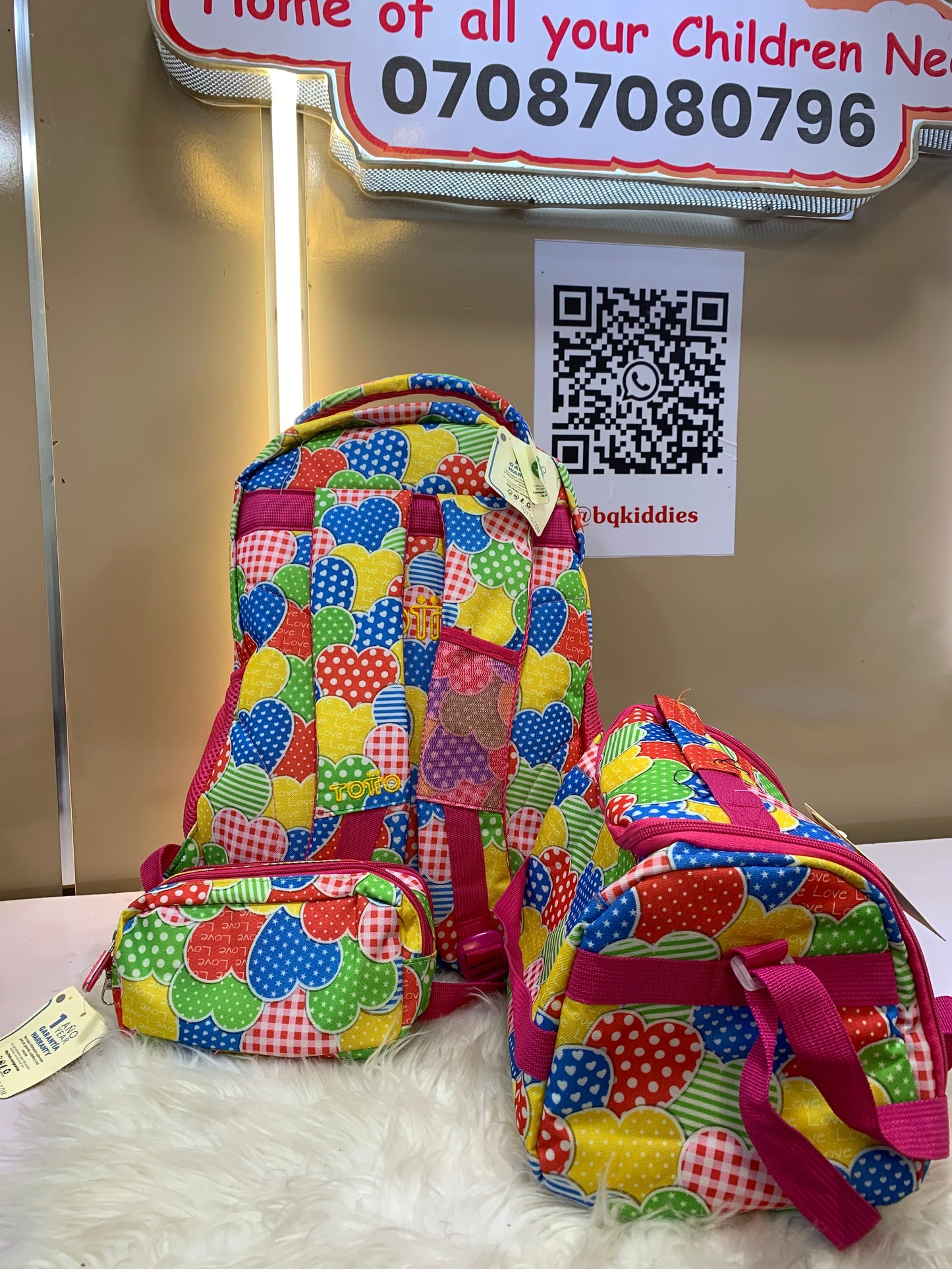 TOTTO 16 INCHES HEART DESIGN BACK BAG, LUNCH BAG AND PENCIL CASE 3-8YRS