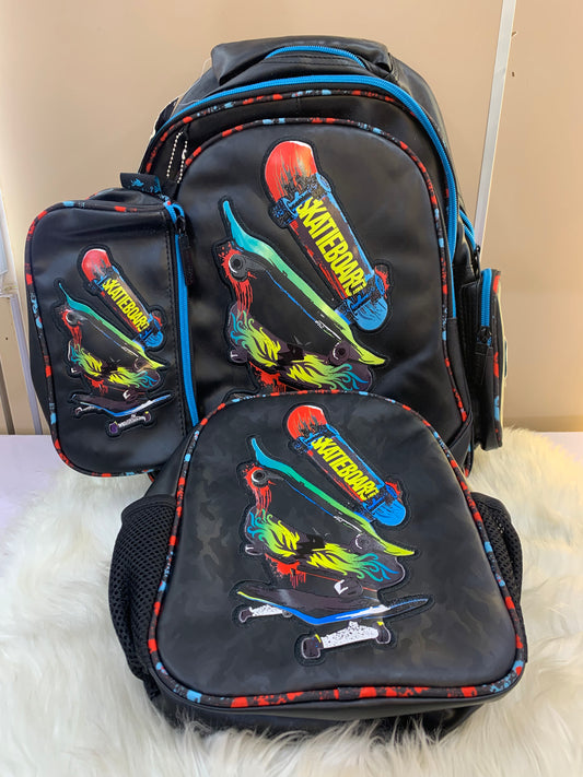 SKATEBOARD DESIGN BACK BAG, LUNCH BAG AND STATIONARY CASE SET 4-7YRS